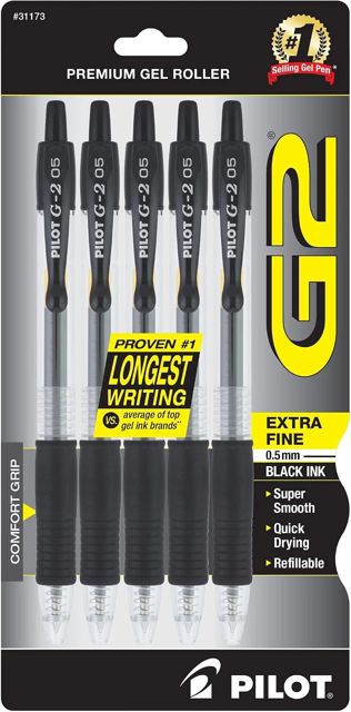 PILOT G2 Premium Gel Pens, Extra Fine Point 0.5mm, Black Ink, 5-Pack