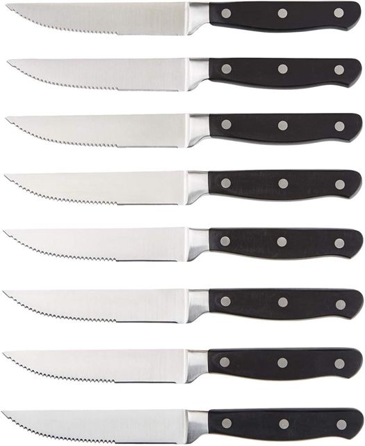 Amazon Basics 8-Piece Full Tang Stainless Steel Serrated Steak Knife Set, 4.5", Black