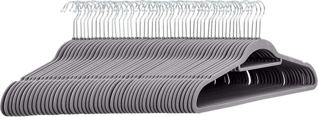 Amazon Basics Space Saving Heavy Duty Non-Slip Velvet Suit Hangers with Horizontal Tie Bar, Dark Gray, 50-Pack