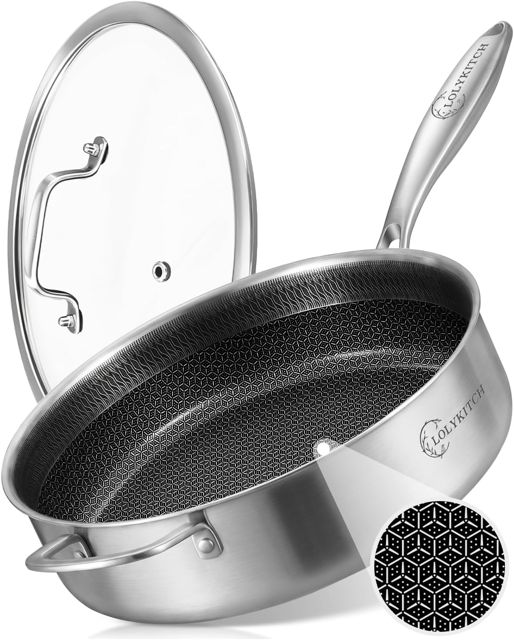 LOLYKITCH 6-Quart Large Frying Pan with Lid, 12 Inch, Tri-Ply Stainless, Detachable Handle