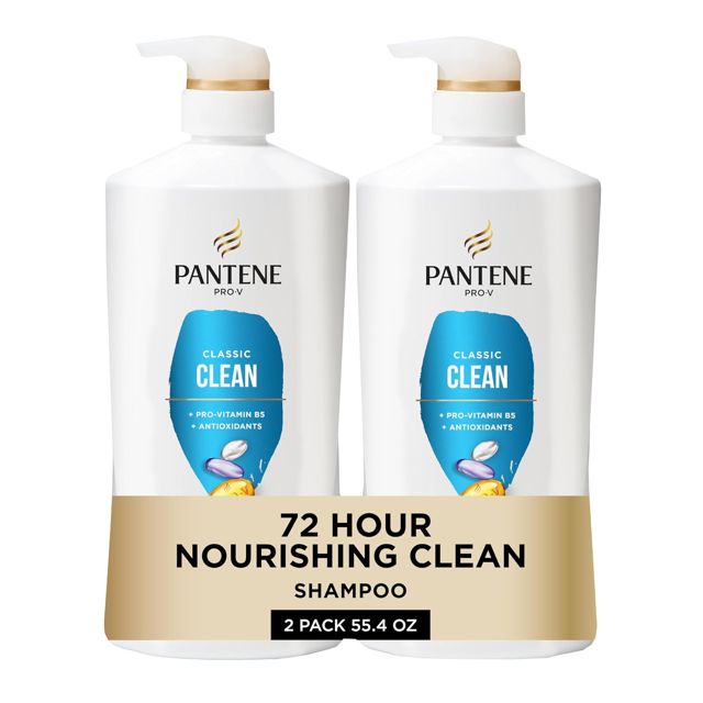 Pantene Shampoo, Classic Clean - Pro-V Nutrients for Dry, Color-Treated Hair, Healthy Looking Hair Every Wash, Antioxidant-Rich, 27.7 Oz Each, 2-Pack + Miracle Rescue Shot (0.5 Oz)
