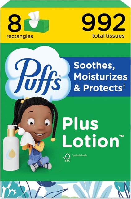 Puffs Plus Lotion Facial Tissues, 8 Family Boxes, 124 tissues per box