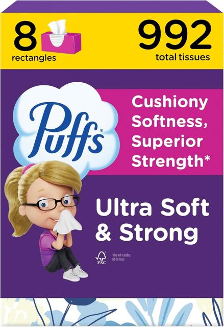 Puffs Ultra Soft Non-Lotion Facial Tissue, 8 Family Boxes, 124 tissues per box