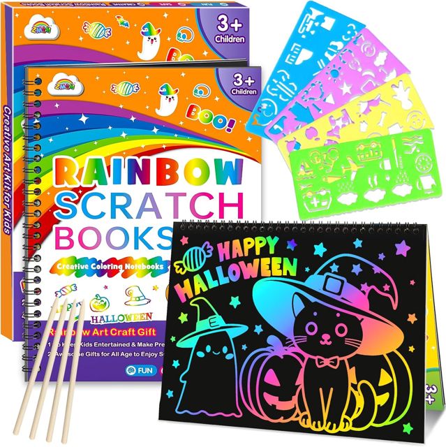 ZMLM Rainbow Scratch Art Books 2-Pack with Stencils (Halloween cover)