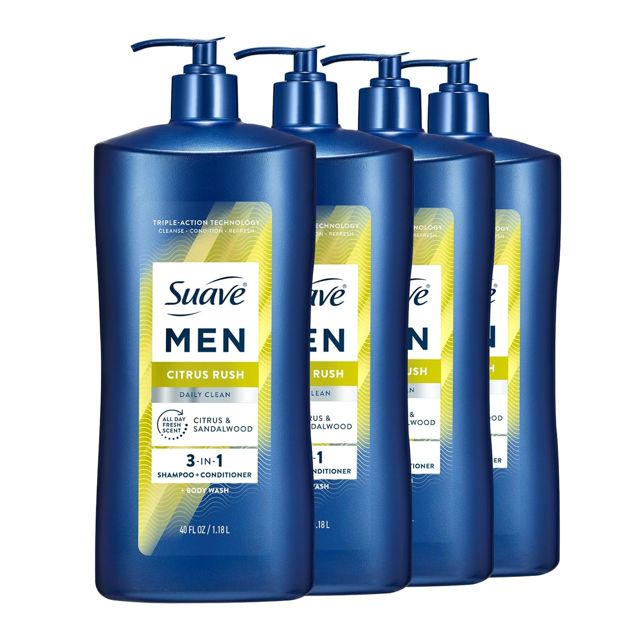 Suave+ Men Citrus Rush 3-in-1 Shampoo, Conditioner & Body Wash, 40oz 4-Pack