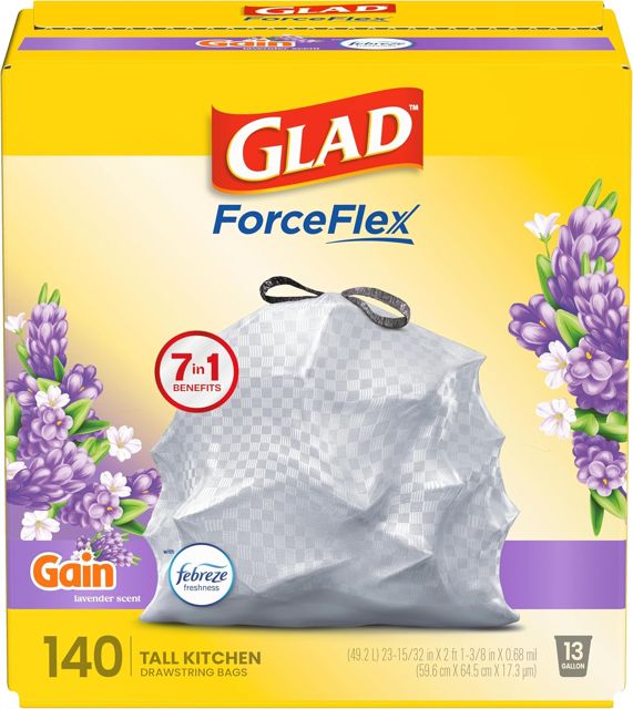 Glad ForceFlex Tall Kitchen Trash Bags, 13 Gallon, Gain Lavender, 140 Count