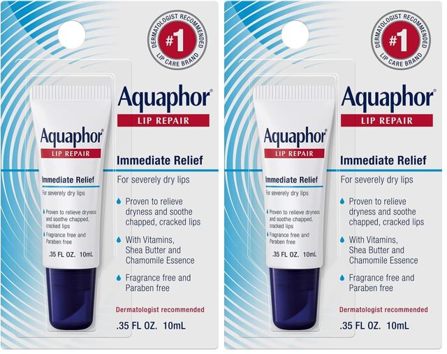Aquaphor Lip Repair Ointment - Long-lasting Moisture to Soothe Dry Chapped Lips - .35 fl. oz. Tube (Pack of 2)