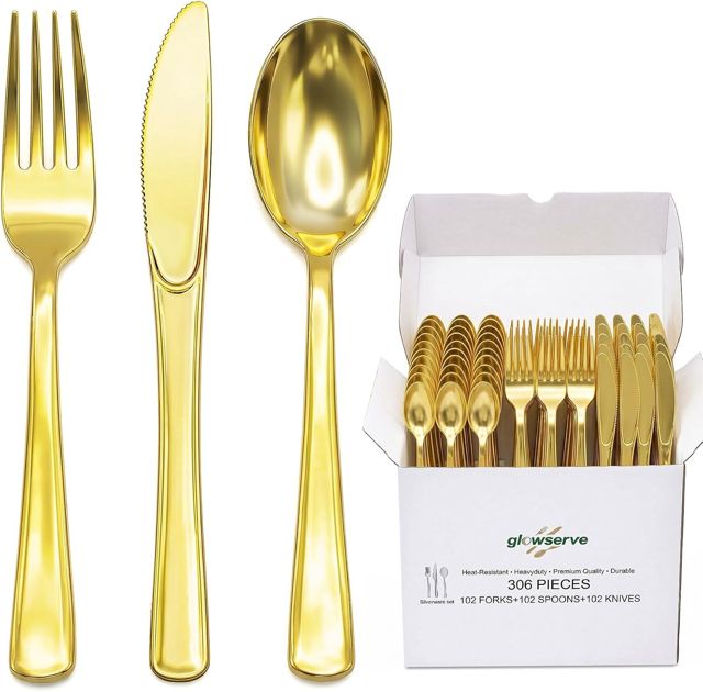 Glowserve 306 Pack Gold Disposable Plastic Silverware Set Cutlery Set