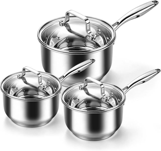 3 PCS Stainless Steel Sauce Pan with Lid - 2QT 3QT 4QT Stay Cool Handle Multipurpose Cooking Pot, Induction Compatible Cookware Set, Dishwasher and Oven Safe