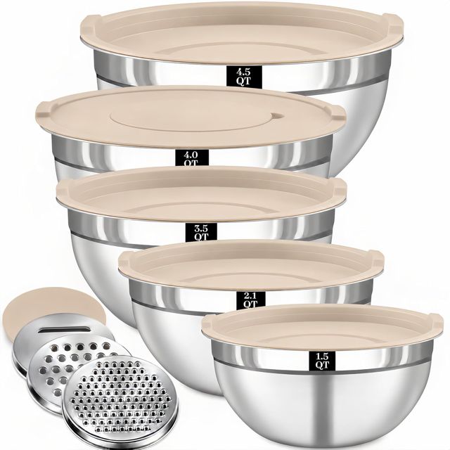 Boskermeal 8-Piece Stainless Steel Mixing Bowls with Lids + 3 Grater Attachments, Khaki