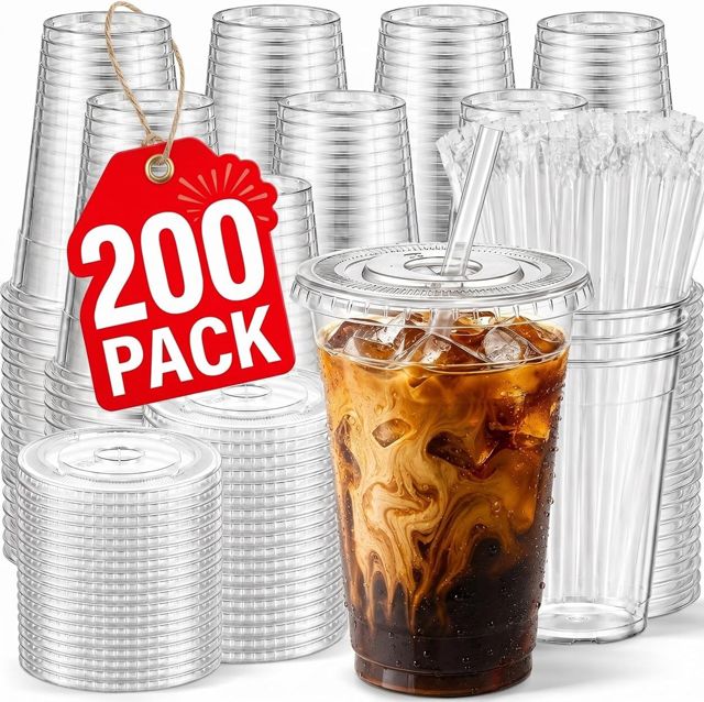 200 Pack 16 oz Clear Plastic Cups With Lids and Straws (Iced Coffee Cups)
